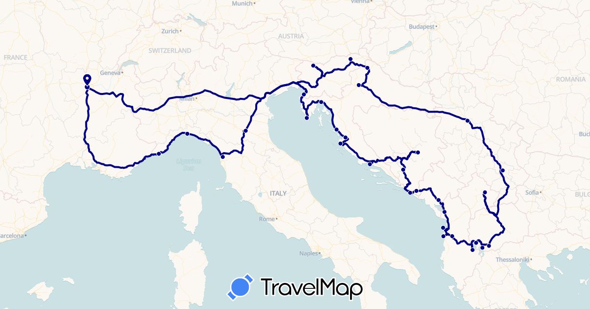 TravelMap itinerary: driving in Albania, Bosnia and Herzegovina, France, Croatia, Italy, Montenegro, Macedonia, Serbia, Slovenia (Europe)