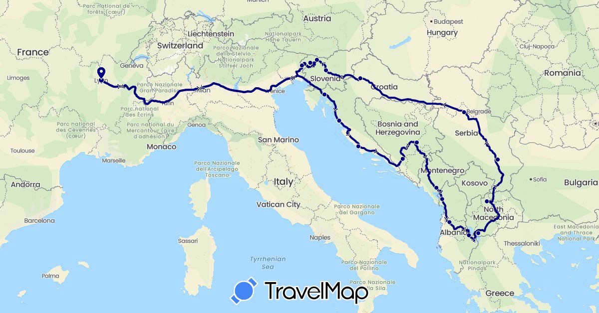 TravelMap itinerary: driving in Albania, Bosnia and Herzegovina, France, Croatia, Italy, Montenegro, Macedonia, Serbia, Slovenia (Europe)