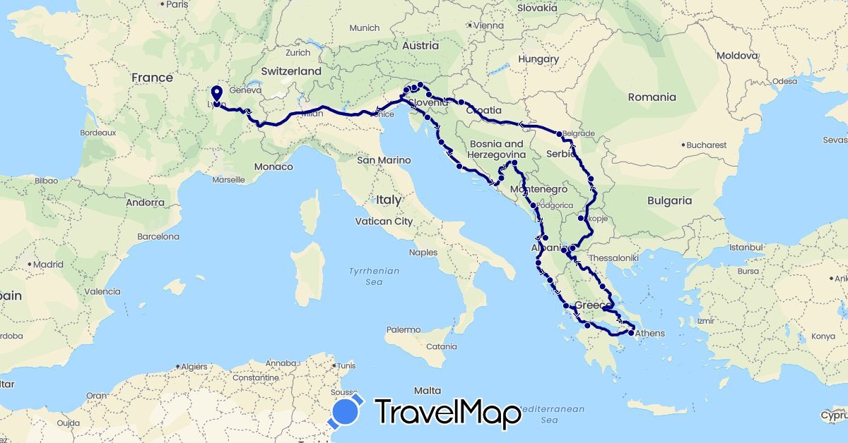 TravelMap itinerary: driving in Albania, Bosnia and Herzegovina, France, Greece, Croatia, Italy, Montenegro, Macedonia, Serbia, Slovenia (Europe)